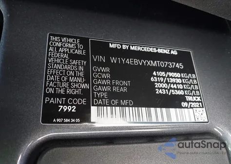 2021 Mercedes-Benz Sprinter 2500 Standard Roof V6 из США, поврежденный, VIN W1Y4EBVYXMT073745